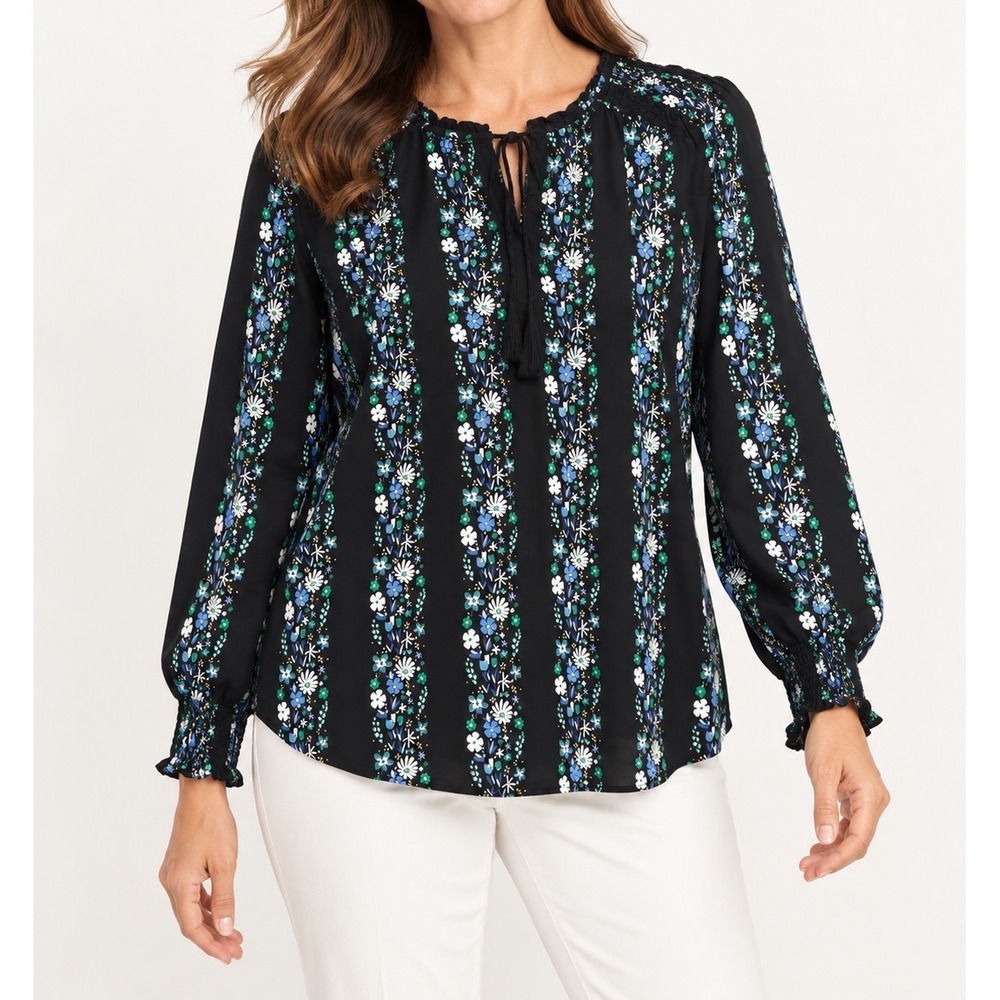 Talbots Black Floral Striped Rayon Blouse Long Sleeve Smocked Split Neck L